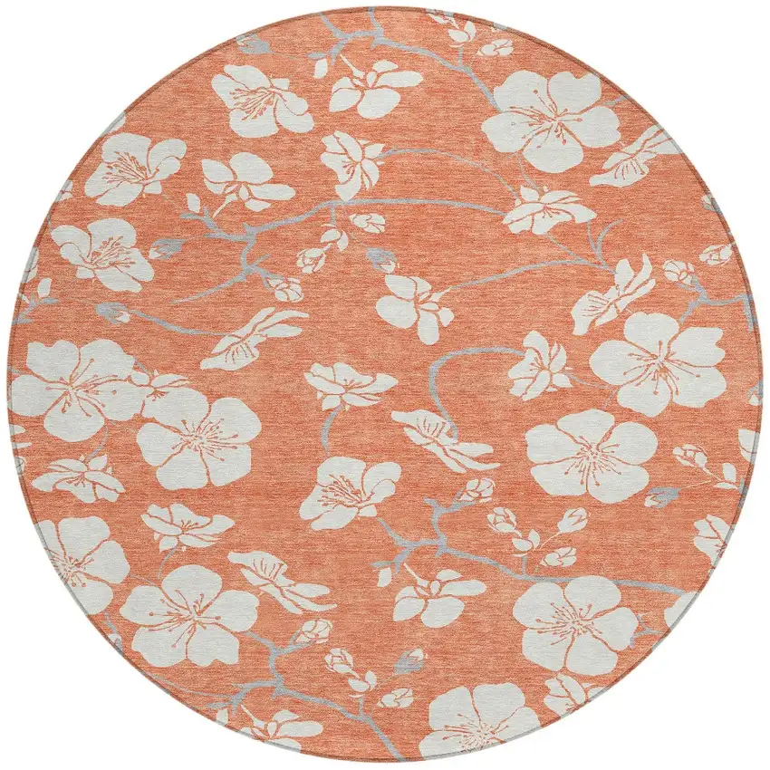 8' Coral Ivory And Gray Round Floral Washable Indoor Outdoor Area Rug Photo 6