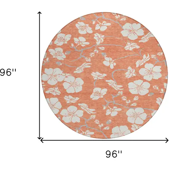 8' Coral Ivory And Gray Round Floral Washable Indoor Outdoor Area Rug Photo 3