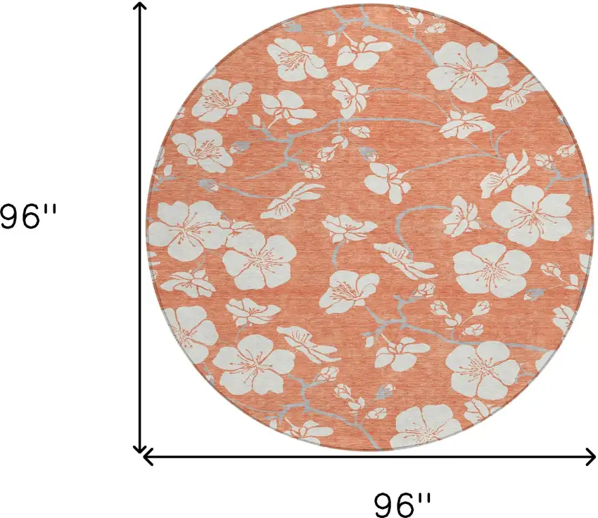 8' Coral Ivory And Gray Round Floral Washable Indoor Outdoor Area Rug Photo 3