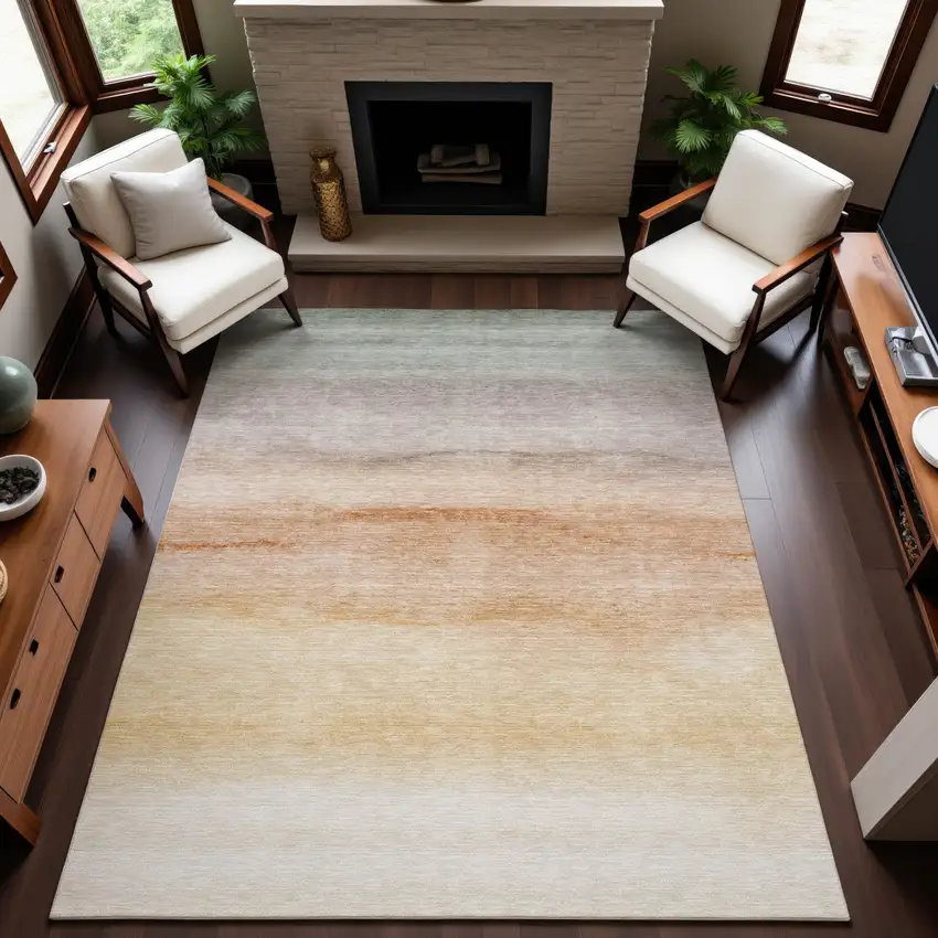 8' Coral Ivory And Gray Striped Washable Area Rug With UV Protection Photo 2