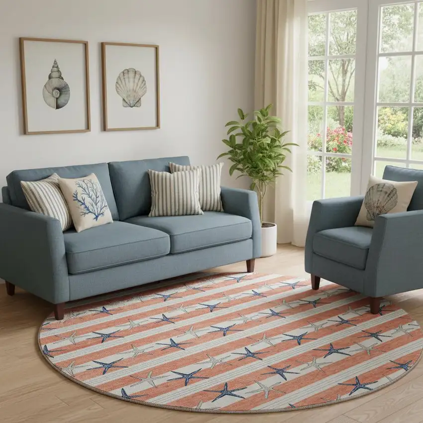 8' Coral Ivory And Navy Blue Geometric Washable Round Rug With UV Protection Photo 1