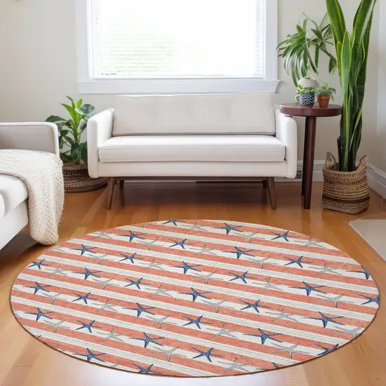 8' Coral Ivory And Navy Blue Geometric Washable Round Rug With UV Protection Photo 5