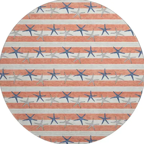 8' Coral Ivory And Navy Blue Geometric Washable Round Rug With UV Protection Photo 3