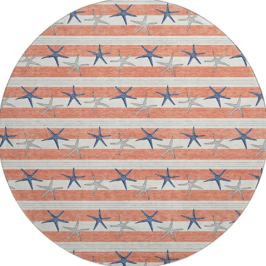 8' Coral Ivory And Navy Blue Geometric Washable Round Rug With UV Protection Photo 3