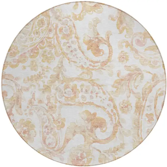 8' Coral Ivory And Peach Round Paisley Washable Indoor Outdoor Area Rug Photo 2