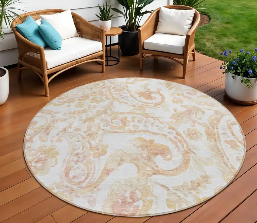 8' Coral Ivory And Peach Round Paisley Washable Indoor Outdoor Area Rug Photo 1