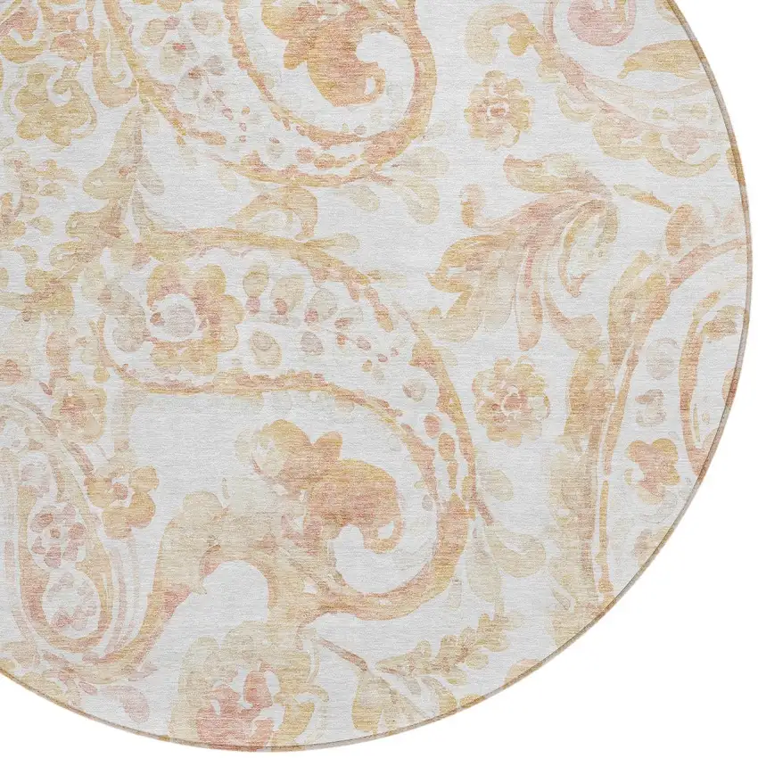 8' Coral Ivory And Peach Round Paisley Washable Indoor Outdoor Area Rug Photo 5