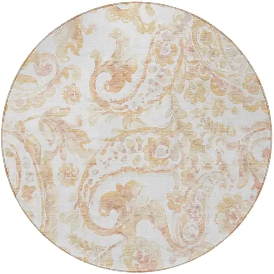 8' Coral Ivory And Peach Round Paisley Washable Indoor Outdoor Area Rug Photo 6