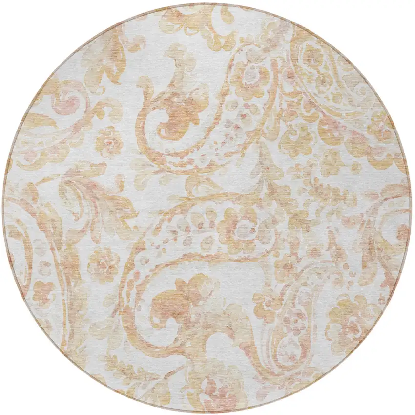 8' Coral Ivory And Peach Round Paisley Washable Indoor Outdoor Area Rug Photo 6