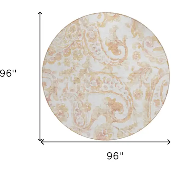 8' Coral Ivory And Peach Round Paisley Washable Indoor Outdoor Area Rug Photo 3