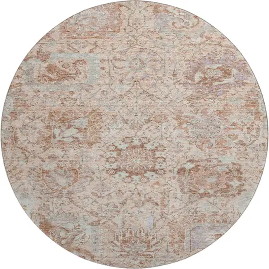 8' Coral Ivory And Rust Damask Washable Round Rug With UV Protection Photo 1