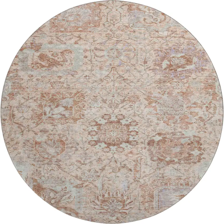 8' Coral Ivory And Rust Damask Washable Round Rug With UV Protection Photo 1