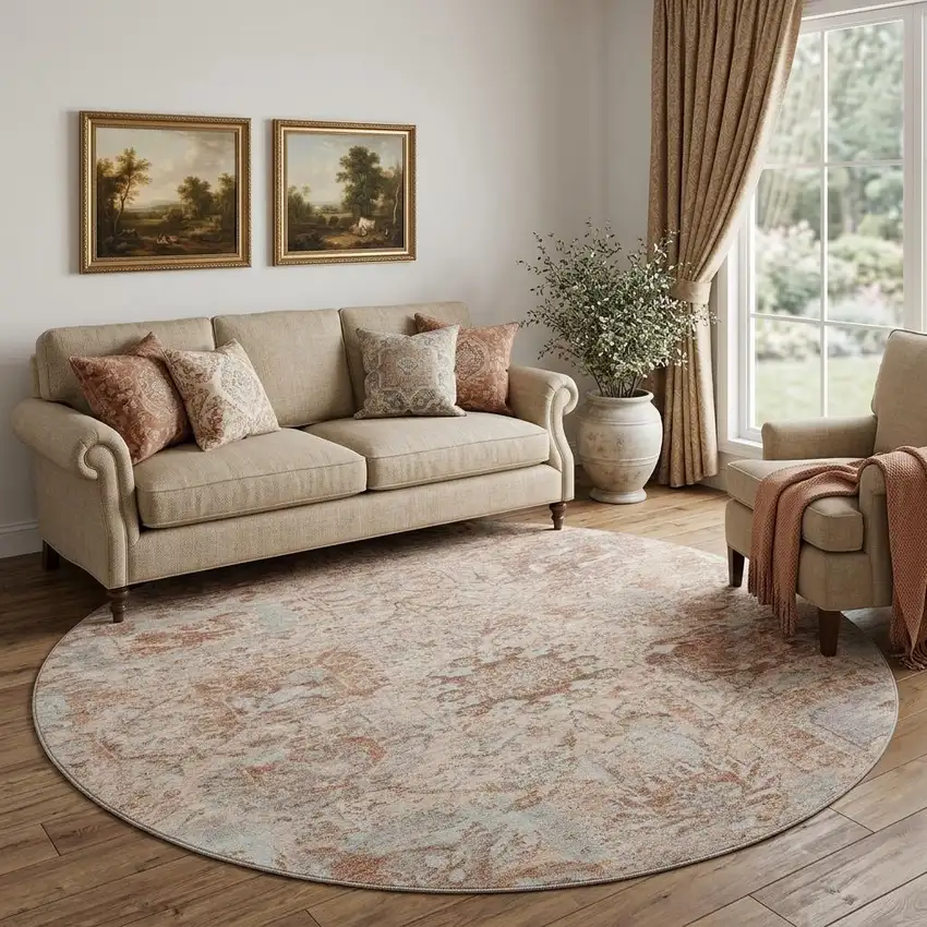 8' Coral Ivory And Rust Damask Washable Round Rug With UV Protection Photo 1