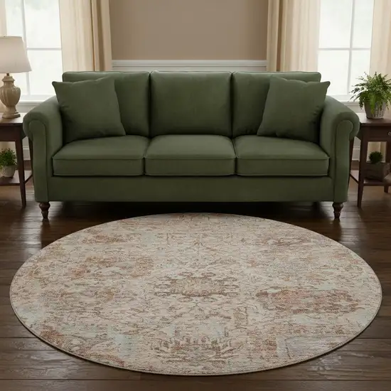 8' Coral Ivory And Rust Damask Washable Round Rug With UV Protection Photo 2