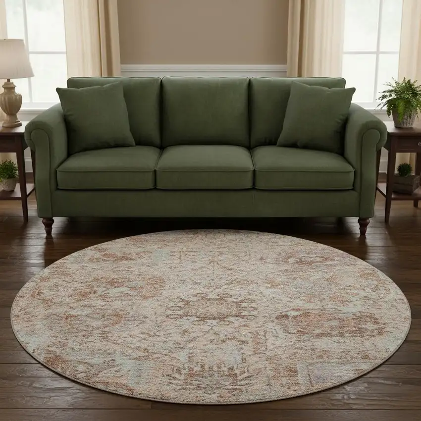 8' Coral Ivory And Rust Damask Washable Round Rug With UV Protection Photo 2