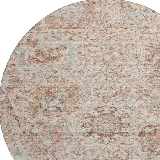 8' Coral Ivory And Rust Damask Washable Round Rug With UV Protection Photo 2