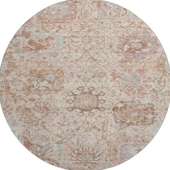 8' Coral Ivory And Rust Damask Washable Round Rug With UV Protection Photo 3