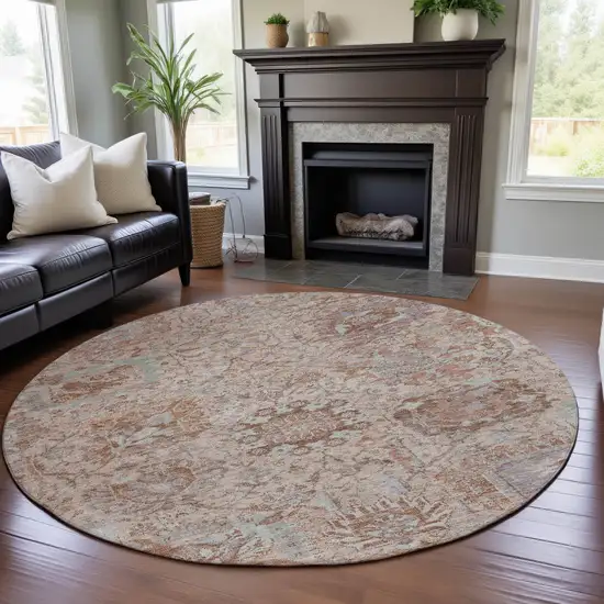 8' Coral Ivory And Rust Damask Washable Round Rug With UV Protection Photo 4