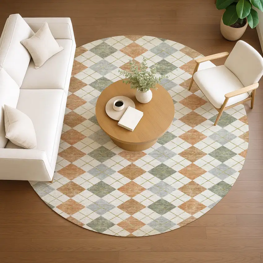 8' Coral Ivory And Silver Round Geometric Washable Indoor Outdoor Area Rug Photo 9