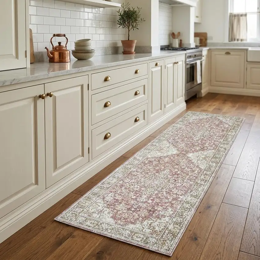 8' Pink And Gray Medallion Runner Rug Photo 1