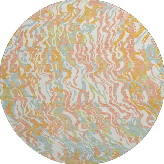 8' Coral Mint Green And Sky Blue Abstract Washable Round Rug With UV Protection Photo 3