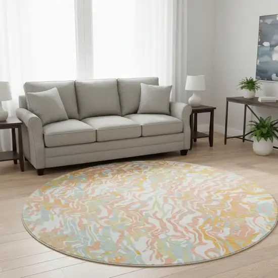 8' Coral Mint Green And Sky Blue Abstract Washable Round Rug With UV Protection Photo 2
