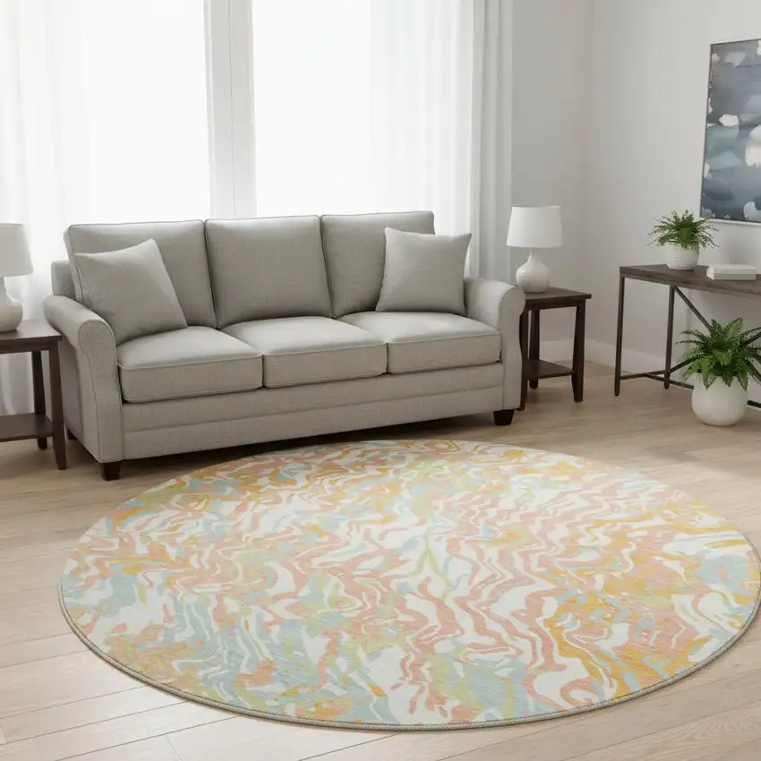 8' Coral Mint Green And Sky Blue Abstract Washable Round Rug With UV Protection Photo 2