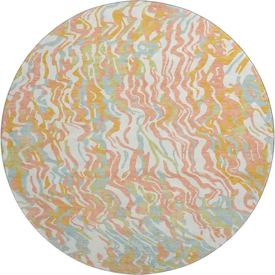 8' Coral Mint Green And Sky Blue Abstract Washable Round Rug With UV Protection Photo 1