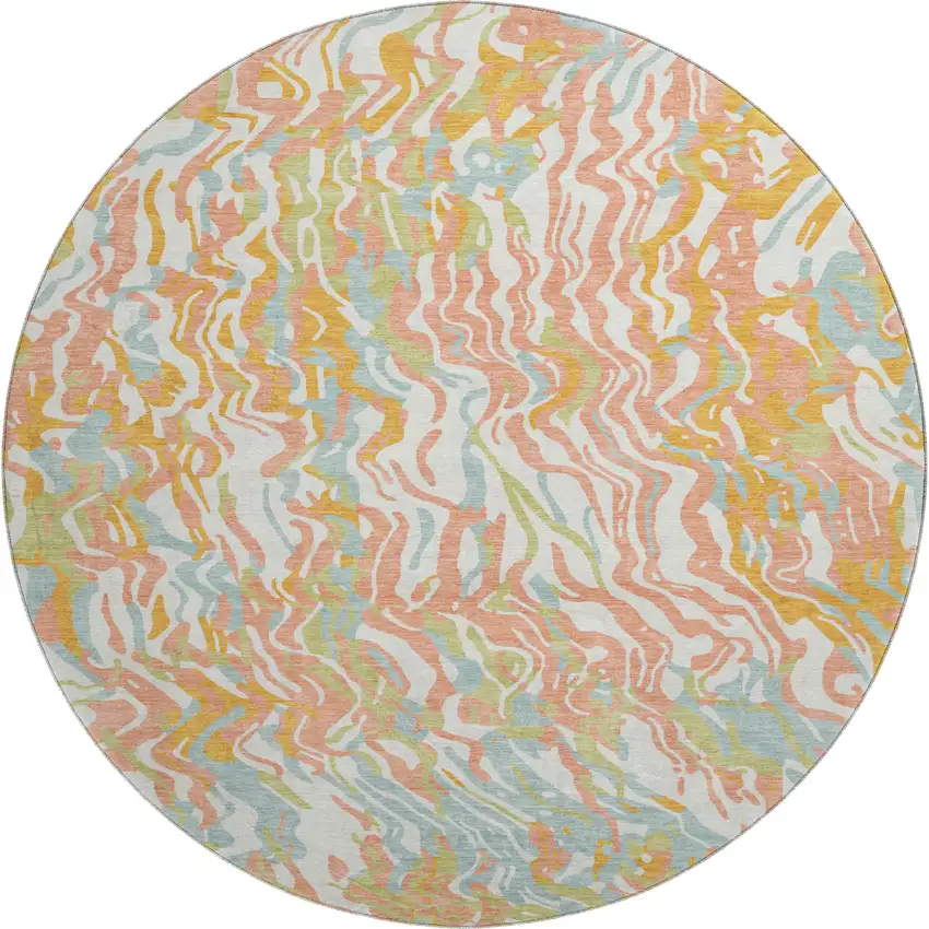 8' Coral Mint Green And Sky Blue Abstract Washable Round Rug With UV Protection Photo 1
