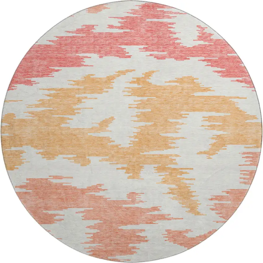 8' Coral Orange And Gold Abstract Washable Round Rug With UV Protection Photo 1
