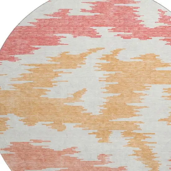 8' Coral Orange And Gold Abstract Washable Round Rug With UV Protection Photo 3
