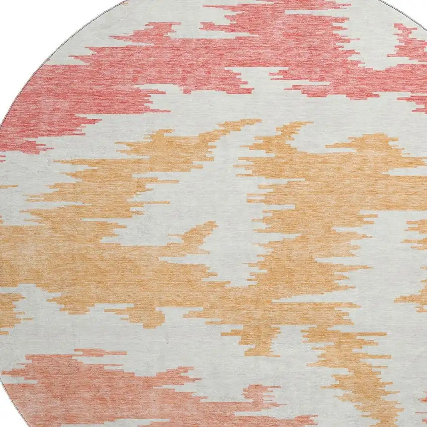 8' Coral Orange And Gold Abstract Washable Round Rug With UV Protection Photo 3