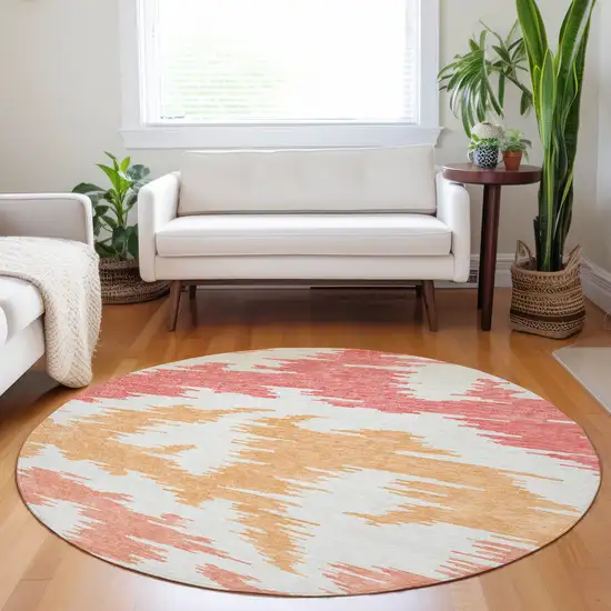 8' Coral Orange And Gold Abstract Washable Round Rug With UV Protection Photo 5