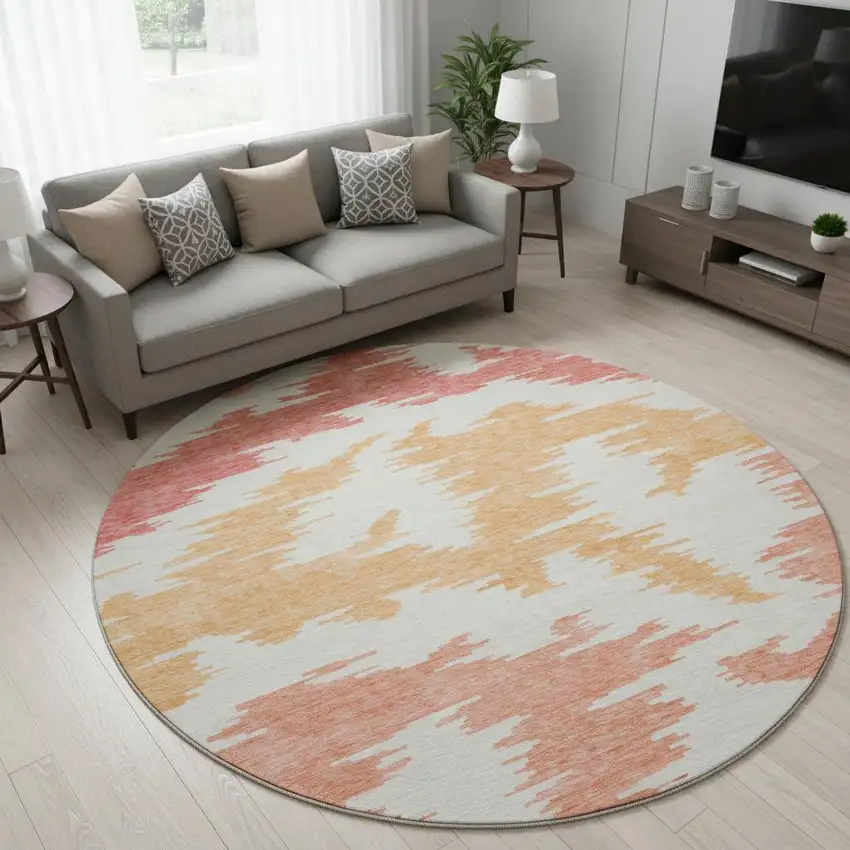 8' Coral Orange And Gold Abstract Washable Round Rug With UV Protection Photo 2