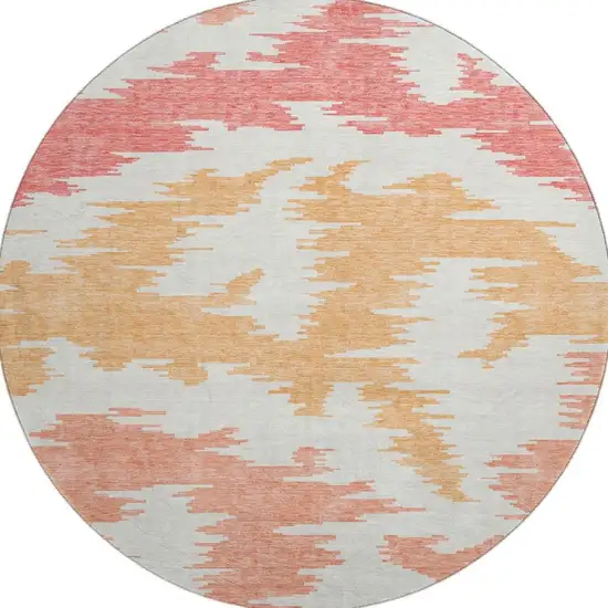 8' Coral Orange And Gold Abstract Washable Round Rug With UV Protection Photo 4