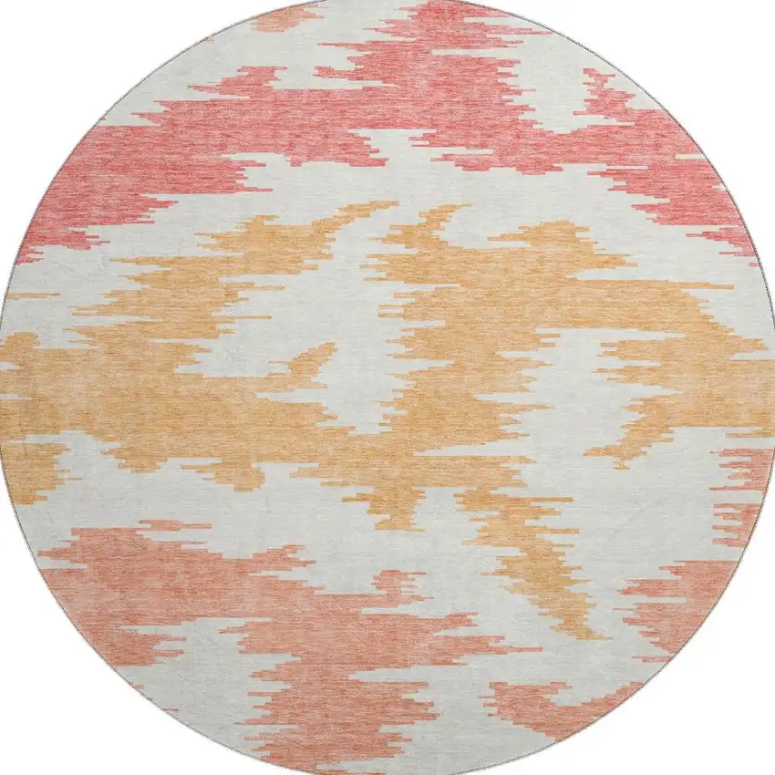 8' Coral Orange And Gold Abstract Washable Round Rug With UV Protection Photo 4