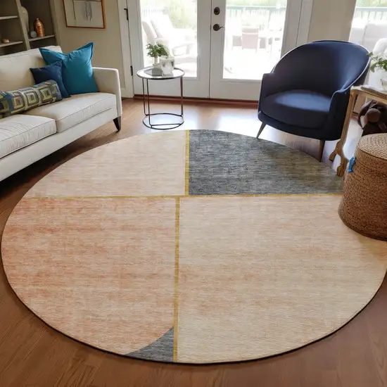 8' Coral Peach And Gray Round Abstract Washable Indoor Outdoor Area Rug Photo 8