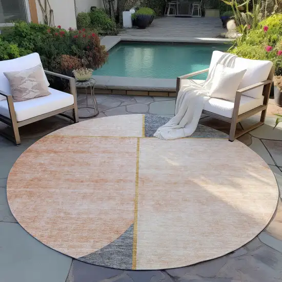 8' Coral Peach And Gray Round Abstract Washable Indoor Outdoor Area Rug Photo 6