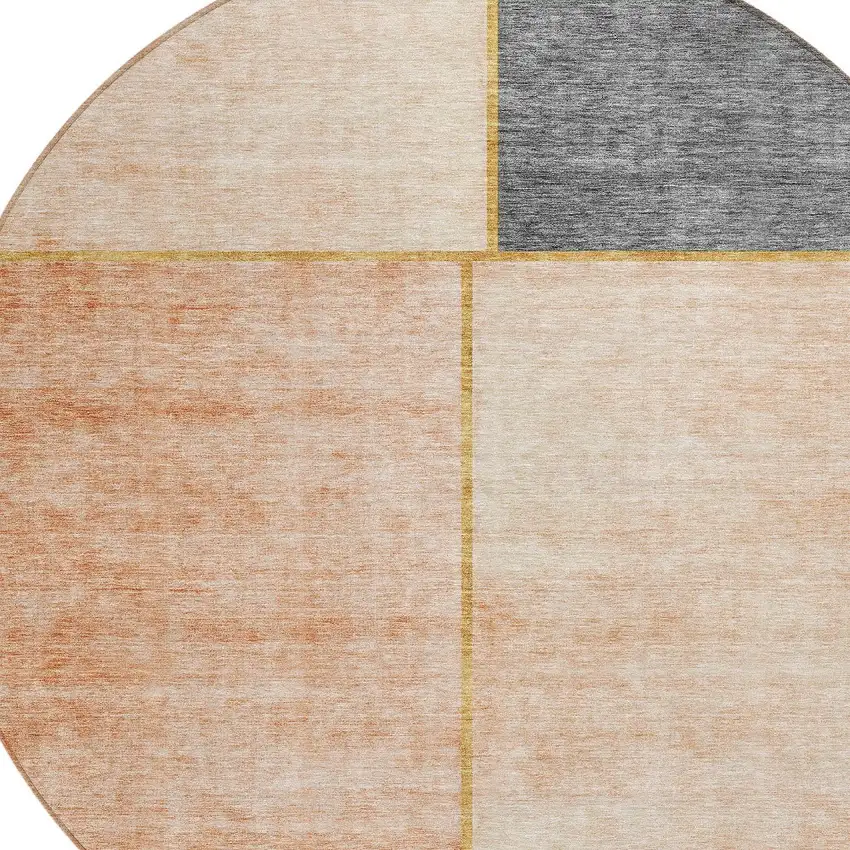 8' Coral Peach And Gray Round Abstract Washable Indoor Outdoor Area Rug Photo 4