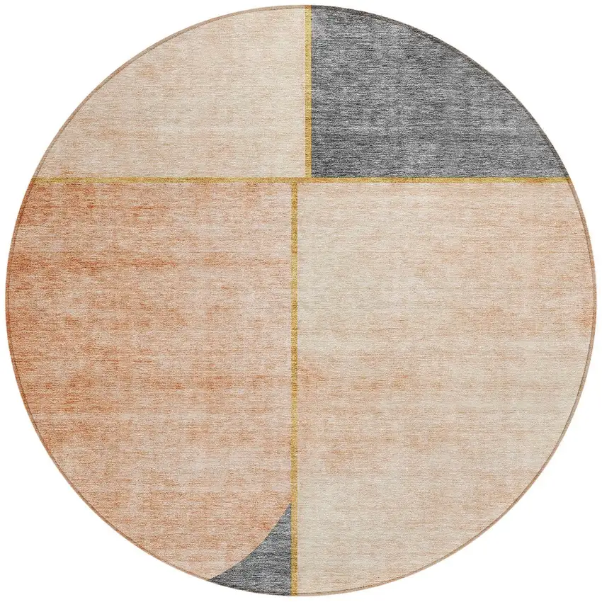 8' Coral Peach And Gray Round Abstract Washable Indoor Outdoor Area Rug Photo 5