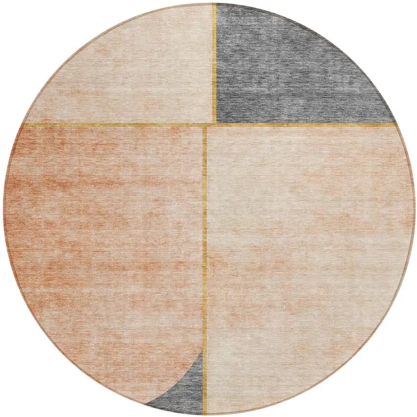 8' Coral Peach And Gray Round Abstract Washable Indoor Outdoor Area Rug Photo 1