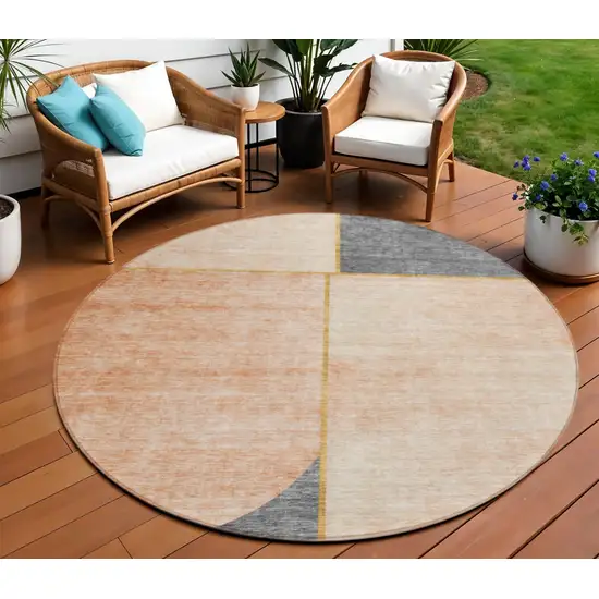 8' Coral Peach And Gray Round Abstract Washable Indoor Outdoor Area Rug Photo 1