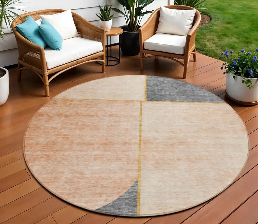 8' Coral Peach And Gray Round Abstract Washable Indoor Outdoor Area Rug Photo 1