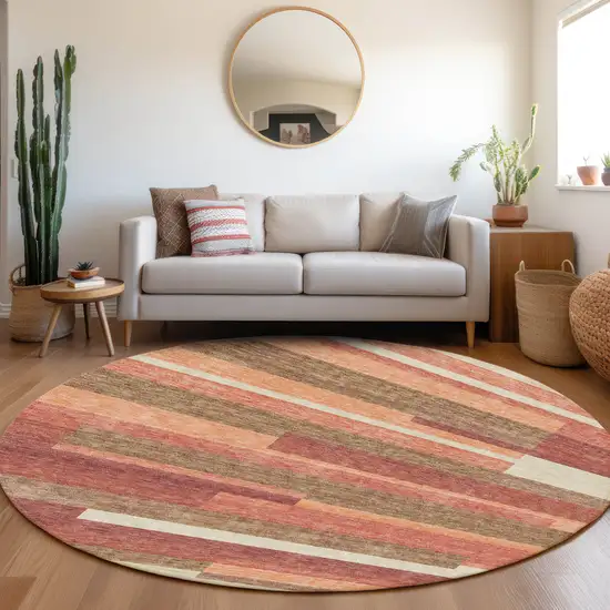 8' Coral Peach And Taupe Round Striped Washable Indoor Outdoor Area Rug Photo 8