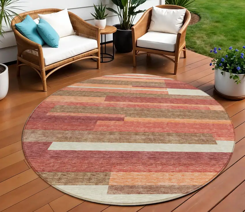 8' Coral Peach And Taupe Round Striped Washable Indoor Outdoor Area Rug Photo 1