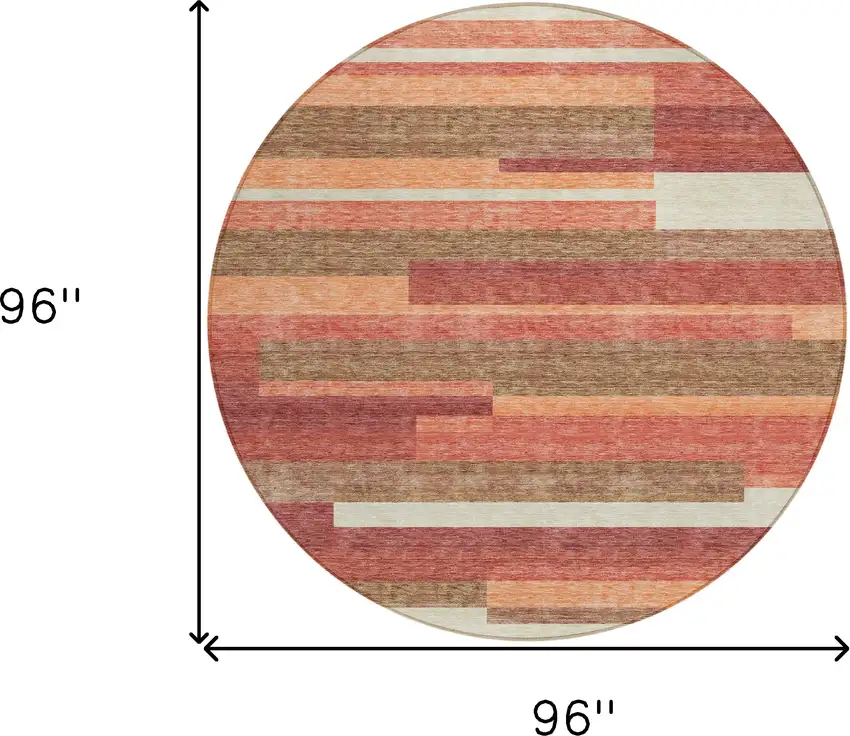 8' Coral Peach And Taupe Round Striped Washable Indoor Outdoor Area Rug Photo 3