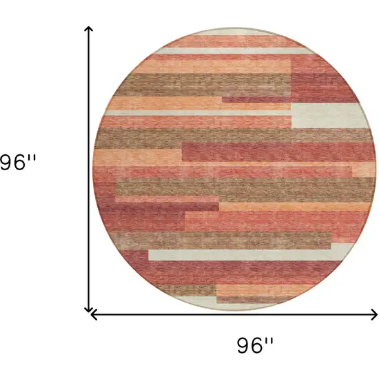 8' Coral Peach And Taupe Round Striped Washable Indoor Outdoor Area Rug Photo 3