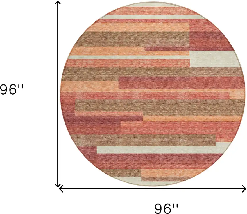 8' Coral Peach And Taupe Round Striped Washable Indoor Outdoor Area Rug Photo 3