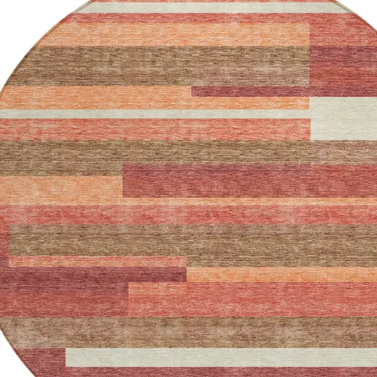 8' Coral Peach And Taupe Round Striped Washable Indoor Outdoor Area Rug Photo 5