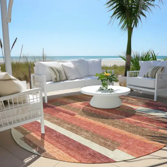8' Coral Peach And Taupe Round Striped Washable Indoor Outdoor Area Rug Photo 7